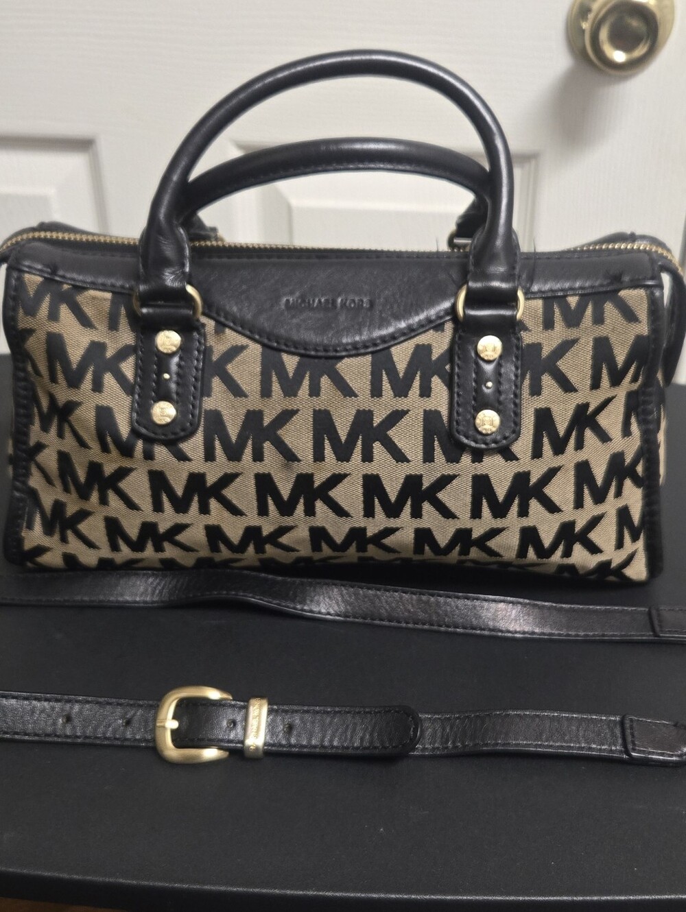 Michael Kors Black & Tan MK Logo Satchel with Detachable Strap